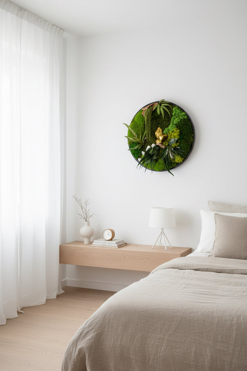 Tableau végétal rond en alu noir haut de gamme, composé de végétaux et de mousses stabilisées ne nécessitant aucun entretien- Art mural chic et élégant 