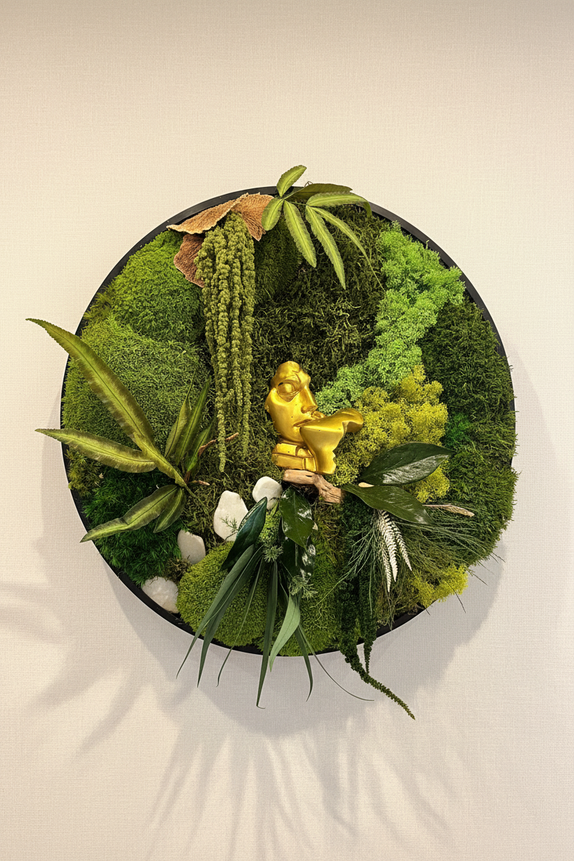 Éden Secret – Tableau végétal rond 50 cm | Mousse stabilisée & décoration dorée