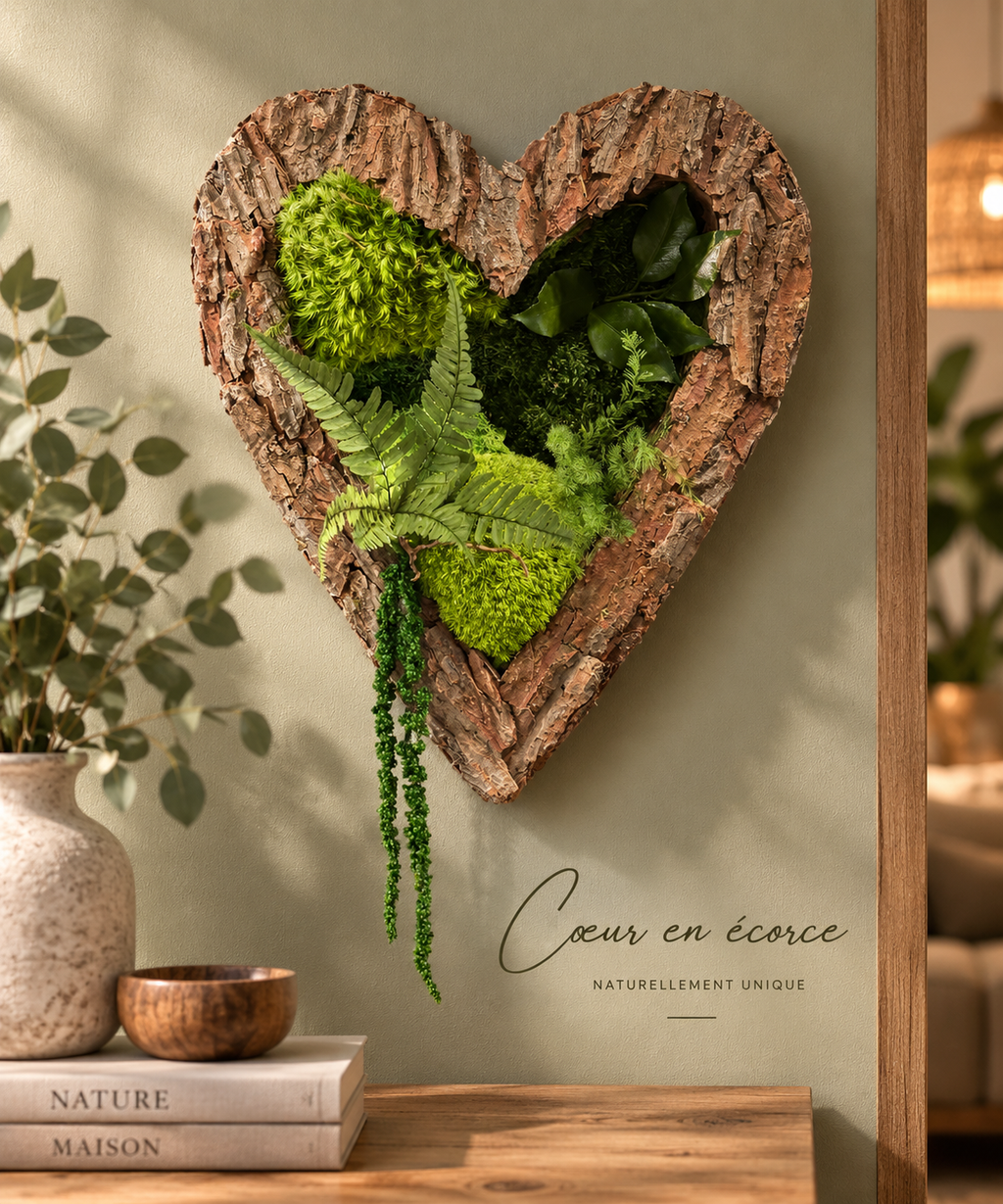 Cœur en écorce – Décoration murale végétale lumineuse