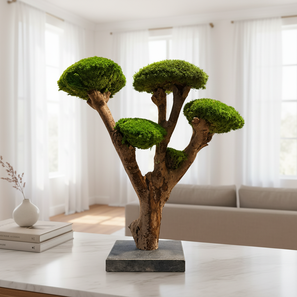     Bonsaï stabilisé décoratif en bois de Talawa et pierre de Soignies dans un intérieur contemporain