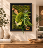 Tableau végétal stabilisé 3D Échappée Sauvage 50 × 38 cm avec bois naturel, mousse verte et fougères dans un cadre noir