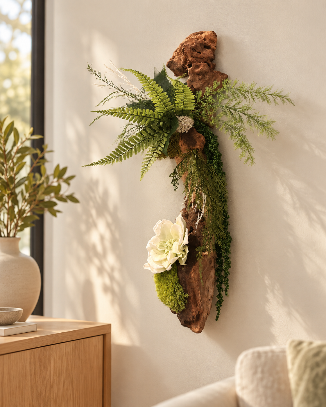 Décoration murale en bois de mopani avec fougères, mousses et feuillages stabilisés, ornée d’une fleur blanc crème\.