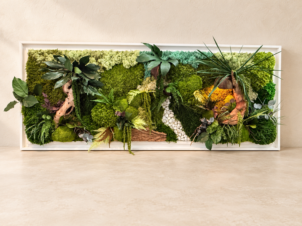 Cadre végétal stabilisé lumineux 75x55 | Pièce unique | « L'Étreinte Tropicale » – Décoration nature luxe