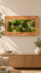 Tableau végétal stabilisé horizontal de 86 × 50 cm, avec mousses, lichens et fougères, dans un cadre fait main en teck, merbau et bangkirai.