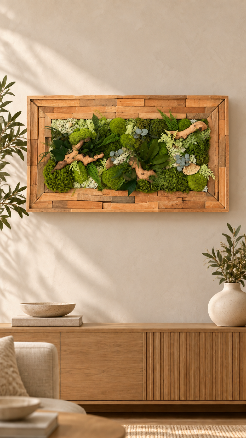 Tableau végétal stabilisé horizontal de 86 × 50 cm, avec mousses, lichens et fougères, dans un cadre fait main en teck, merbau et bangkirai.