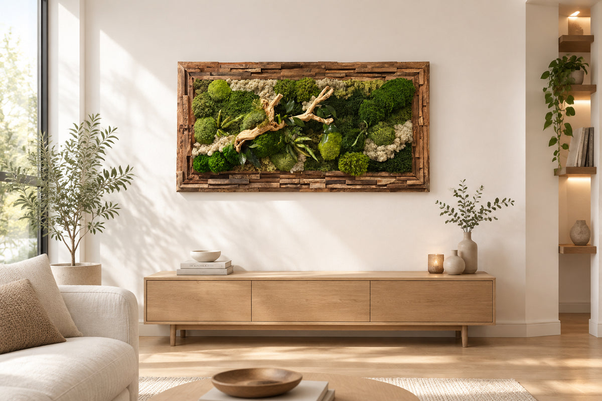 Tableau végétal stabilisé horizontal de 125 × 60 cm, composé de mousses, lichens et feuillages verts dans un cadre en bois texturé, avec une branche bois flotté centrale