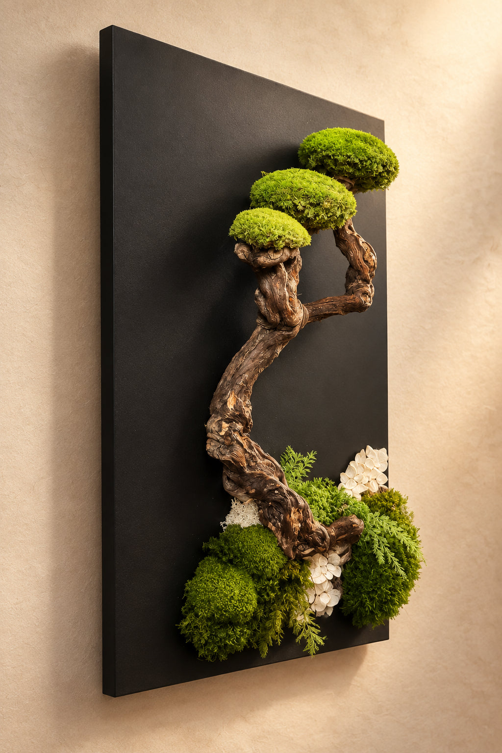 L’Équilibre Suspendu – Tableau végétal stabilisé bonsaï – 80 × 60 cm