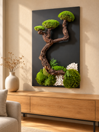     Tableau végétal L’Équilibre Végétal, 80 × 60 cm, avec bois sinueux, trois plateaux de mousse stabilisée et galets blancs sur fond noir.