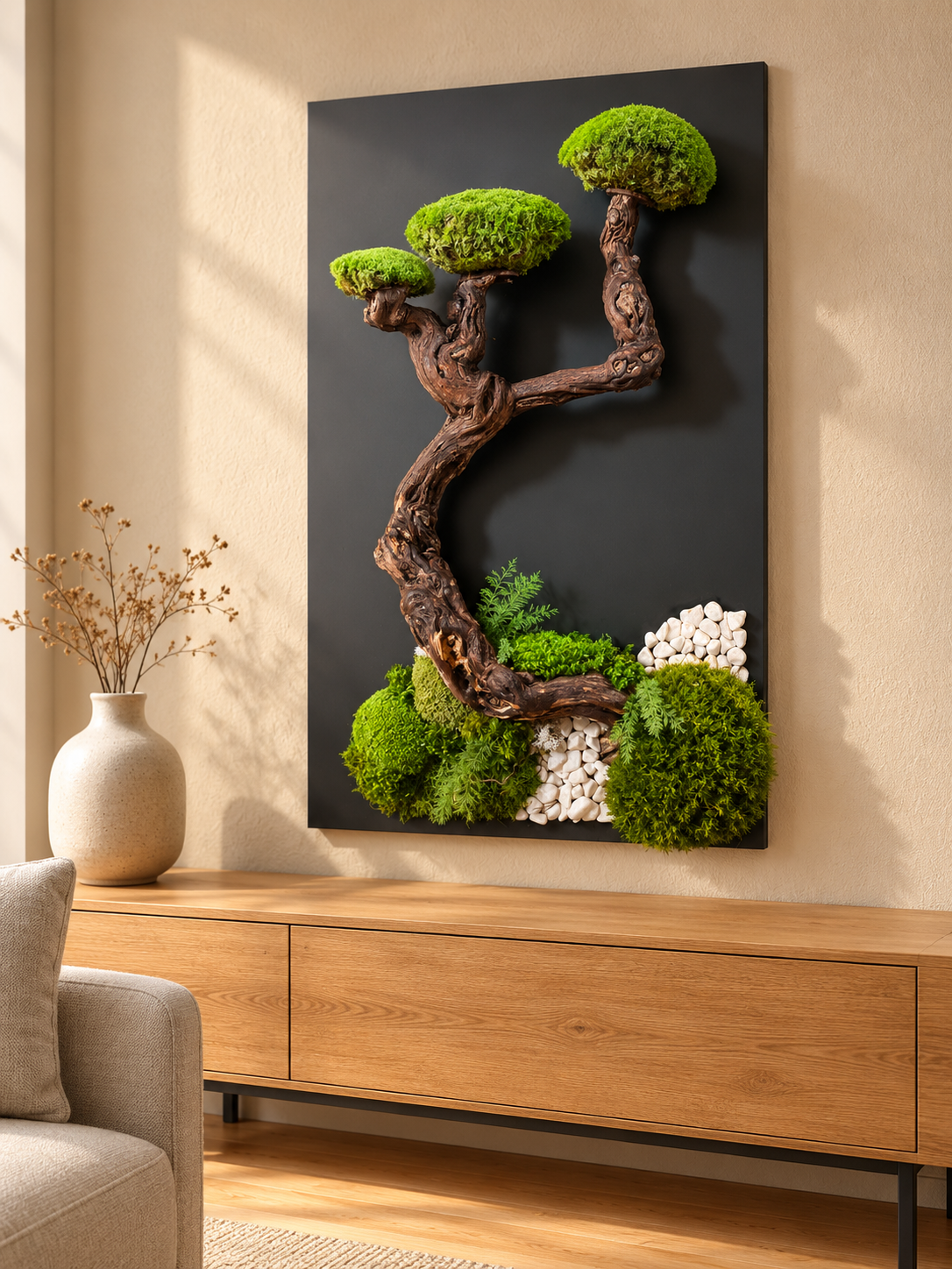     Tableau végétal L’Équilibre Végétal, 80 × 60 cm, avec bois sinueux, trois plateaux de mousse stabilisée et galets blancs sur fond noir.