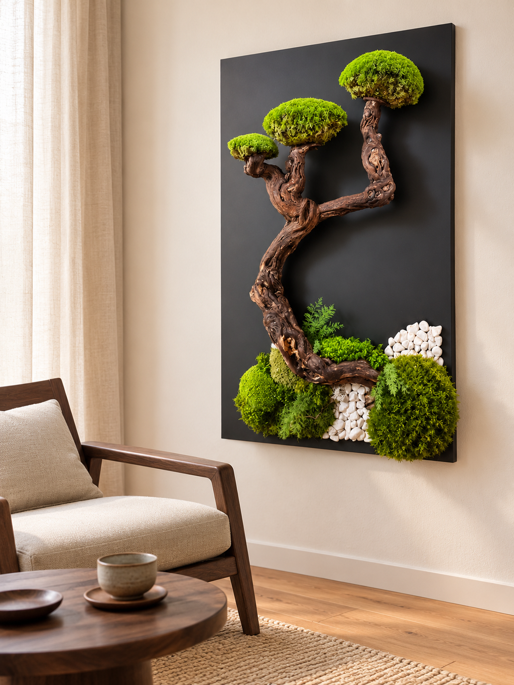 L’Équilibre Suspendu – Tableau végétal stabilisé bonsaï – 80 × 60 cm