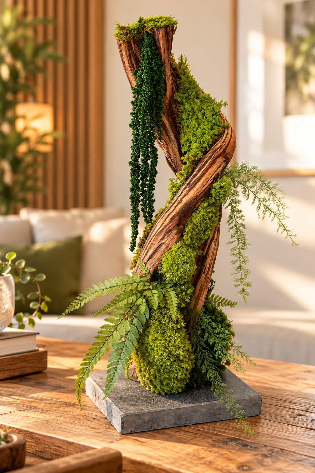 Sculpture végétale artisanale de 42 cm en liane naturelle torsadée, ornée de mousses et fougères stabilisées, sur socle en pierre bleue de Soignies – Naturencadre.