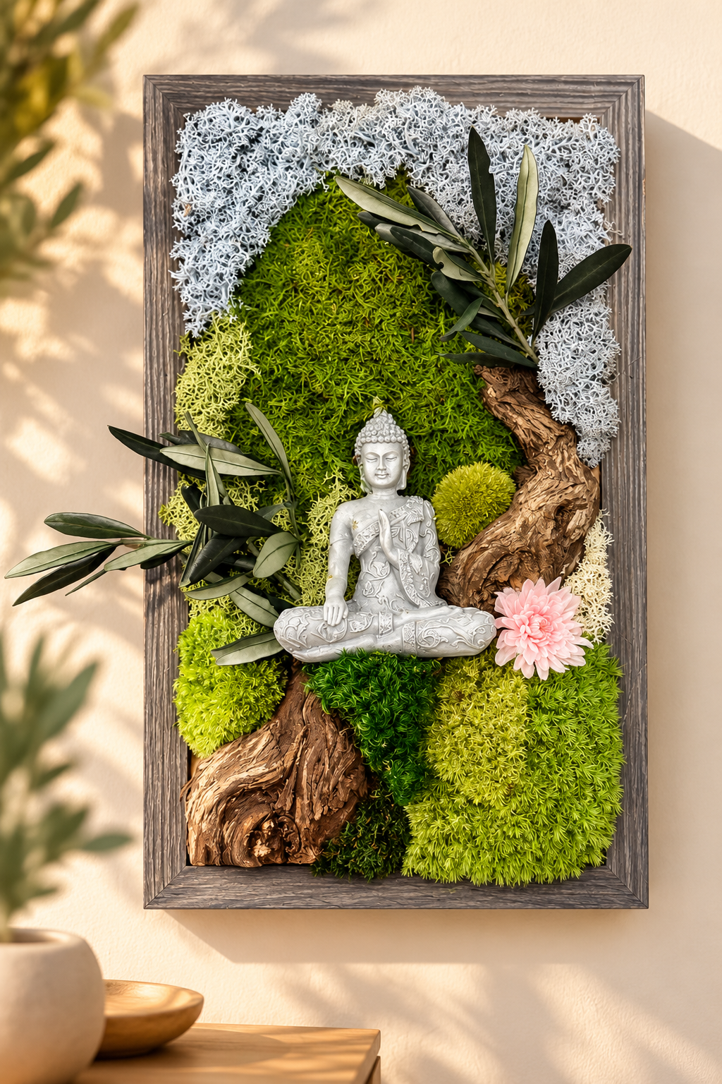 Tableau végétal stabilisé avec Bouddha – L’Éveil du Sakura | 40 × 25 cm