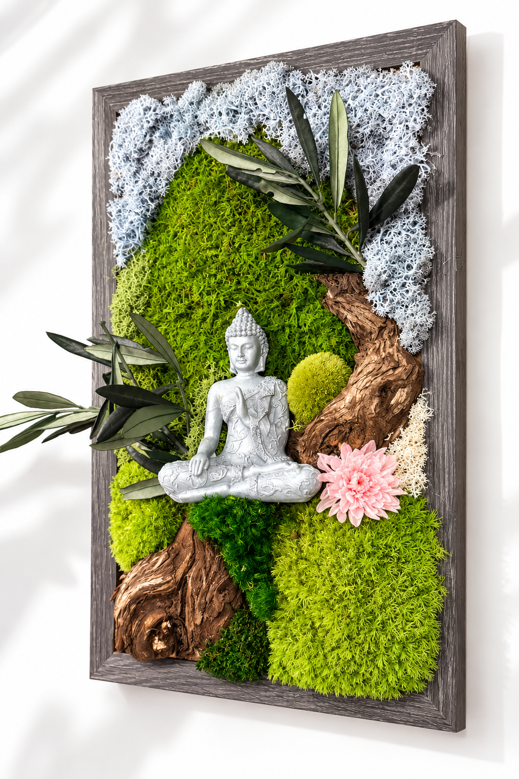 Tableau végétal stabilisé avec Bouddha – L’Éveil du Sakura | 40 × 25 cm