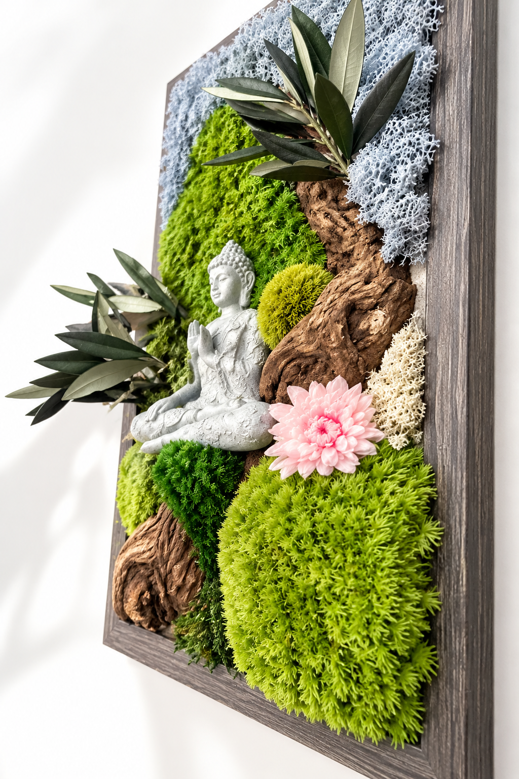 Tableau végétal stabilisé avec Bouddha – L’Éveil du Sakura | 40 × 25 cm