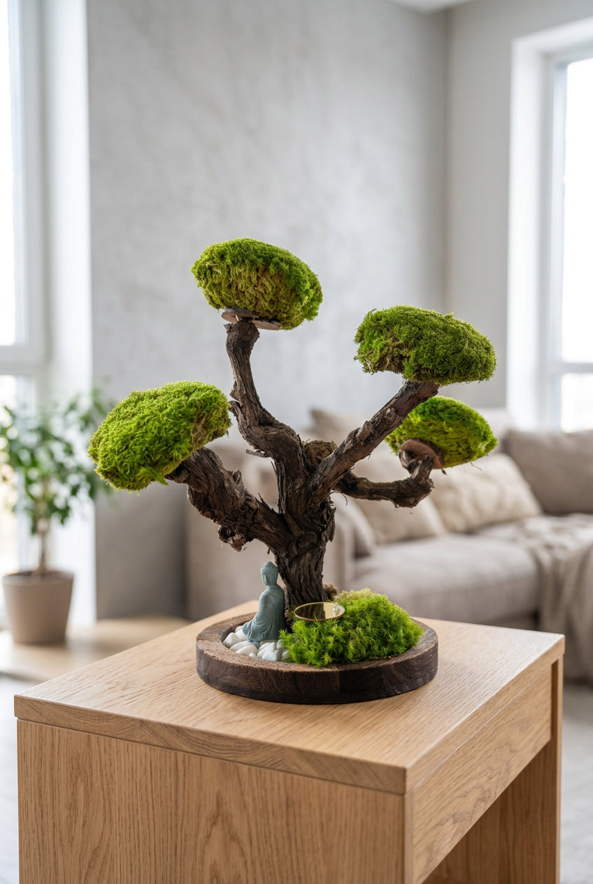 Bonsaï végétal stabilisé – Arbre nuage sur socle en bois