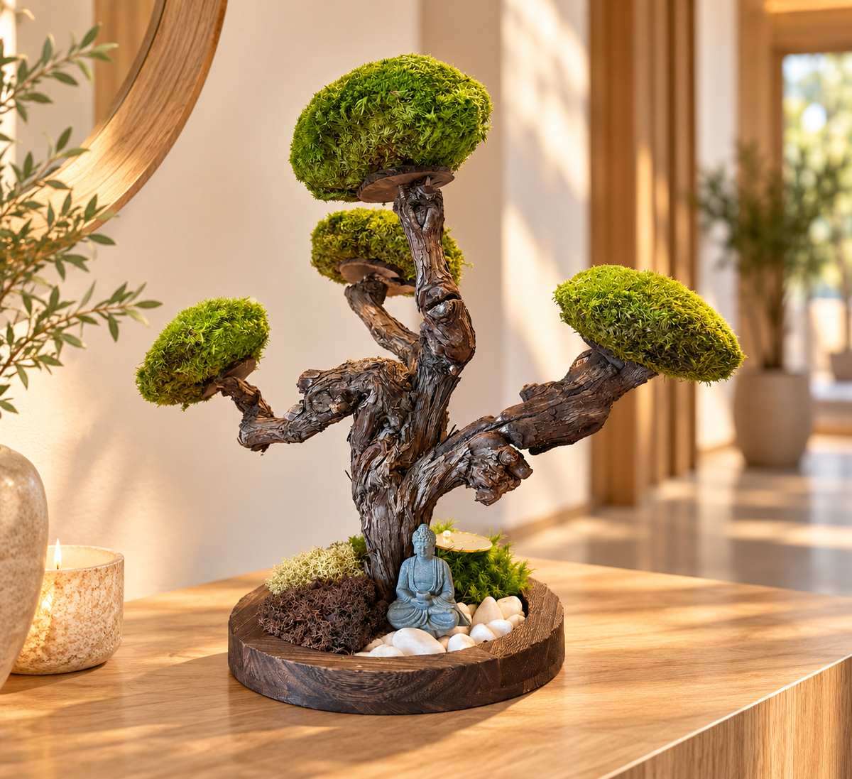 Bonsaï végétal stabilisé – Arbre nuage sur socle en bois