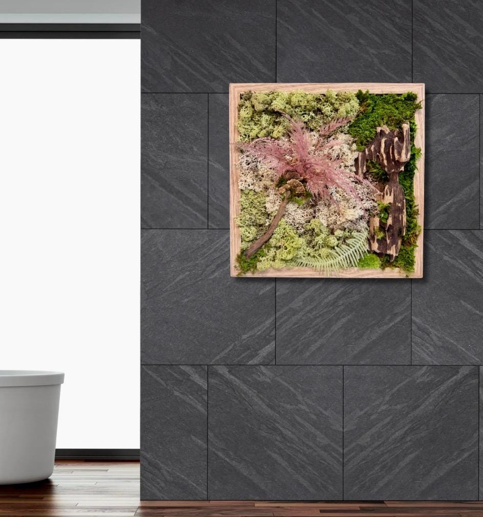 Tableau végétal mural carré 33 cm – Mousse stabilisée & bois naturel