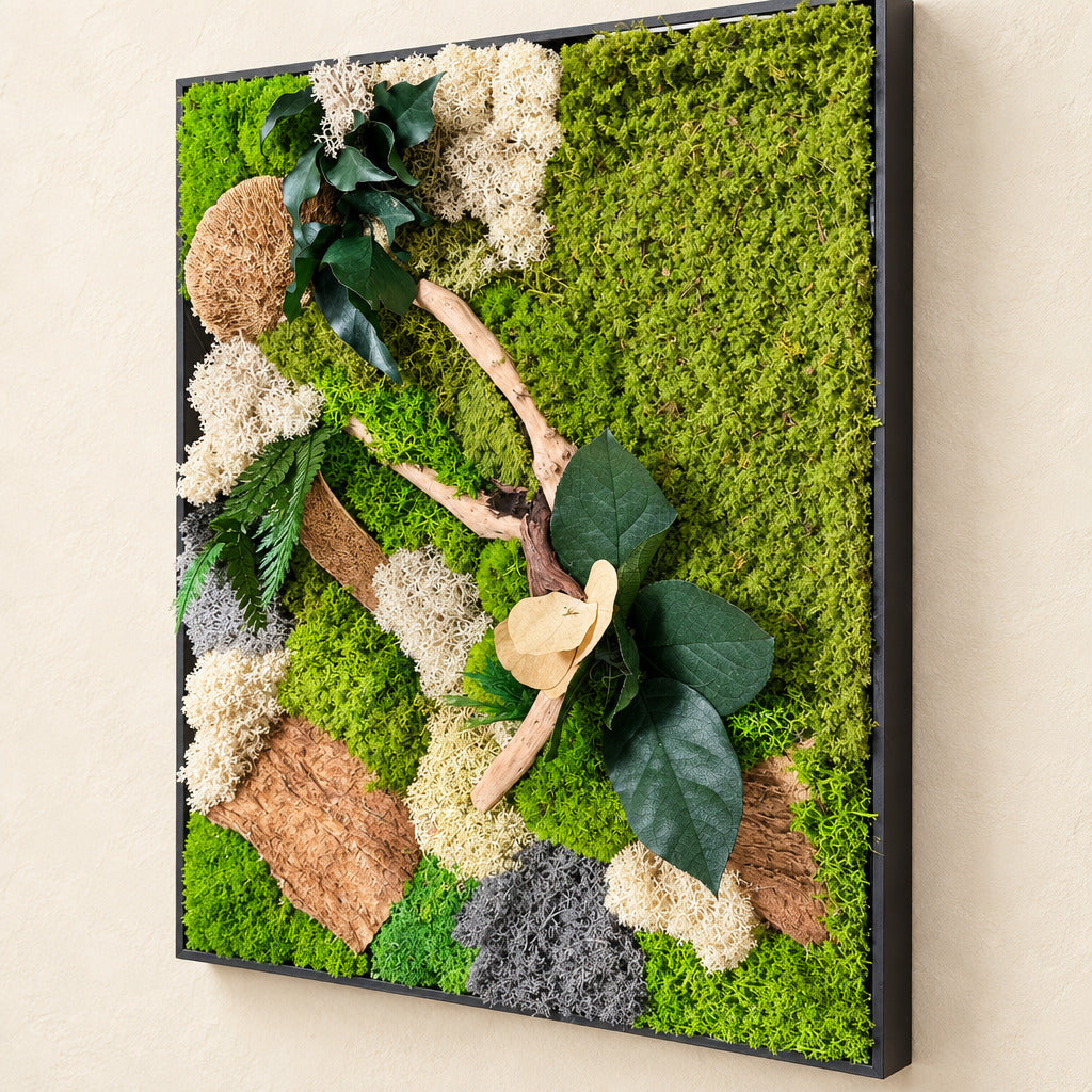 Cadre végétal stabilisé 42 × 33 cm – Mousse et bois flotté