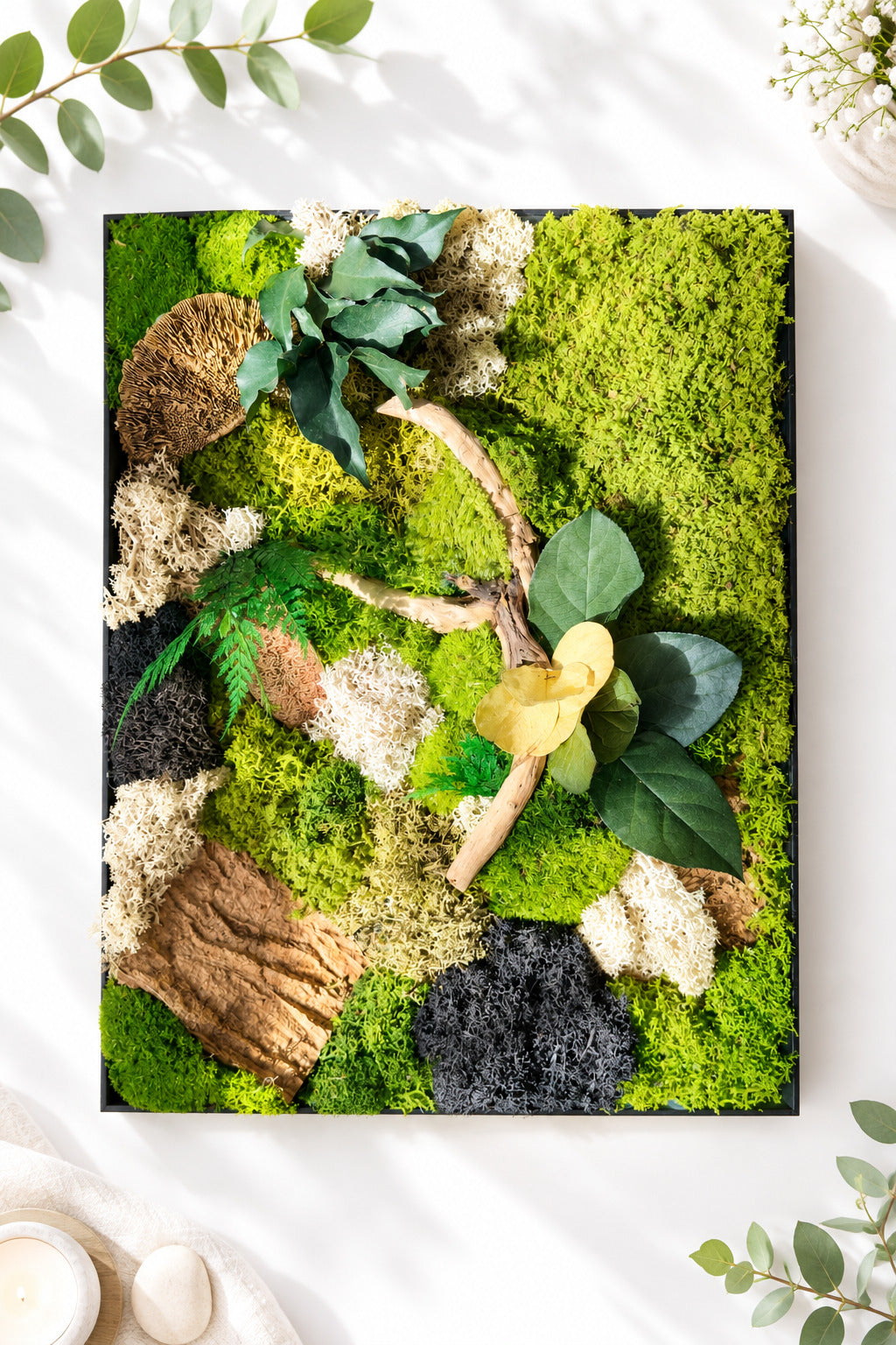 Cadre végétal stabilisé 42 × 33 cm – Mousse et bois flotté