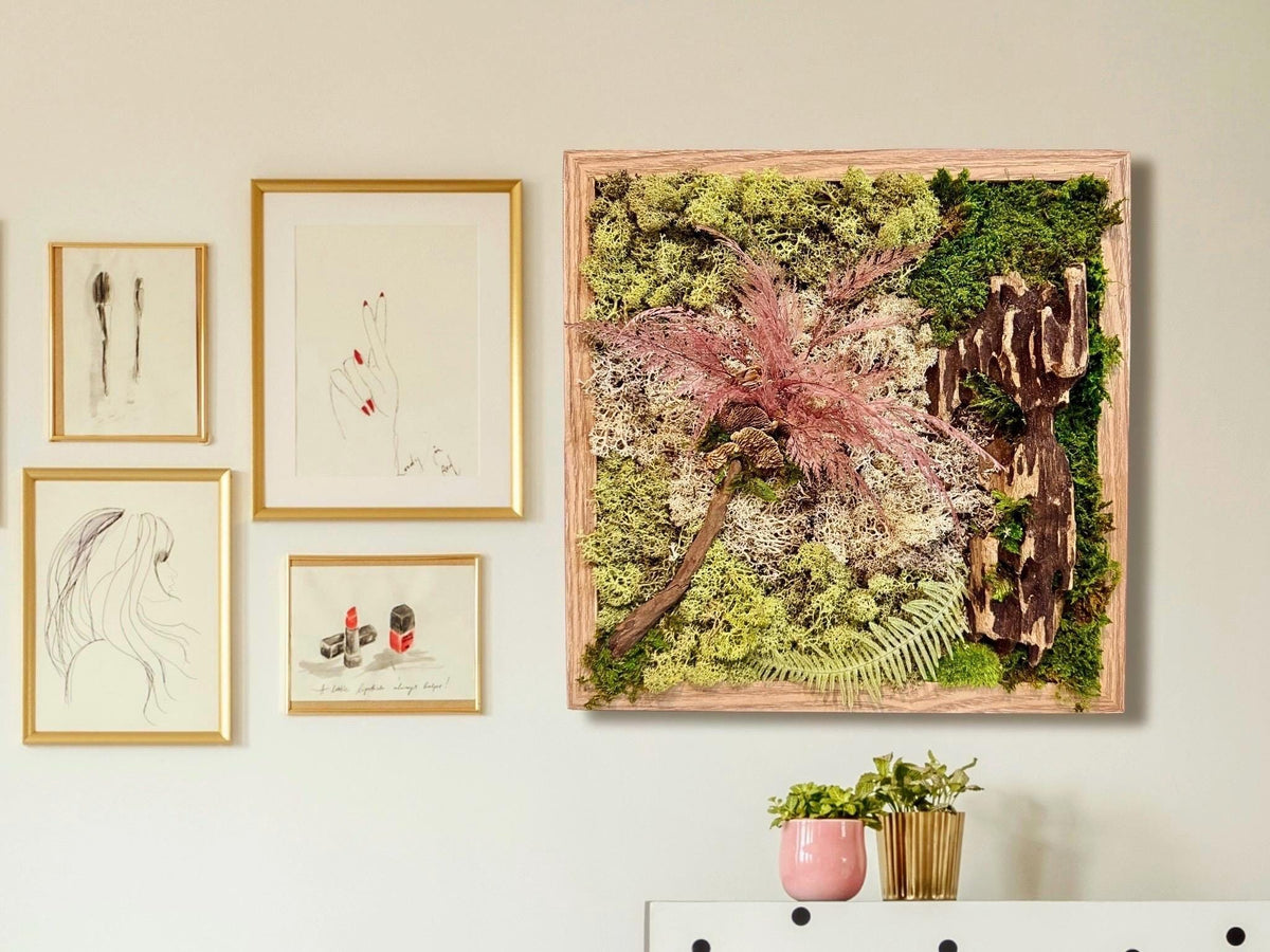 Tableau végétal mural carré 33 cm – Mousse stabilisée & bois naturel