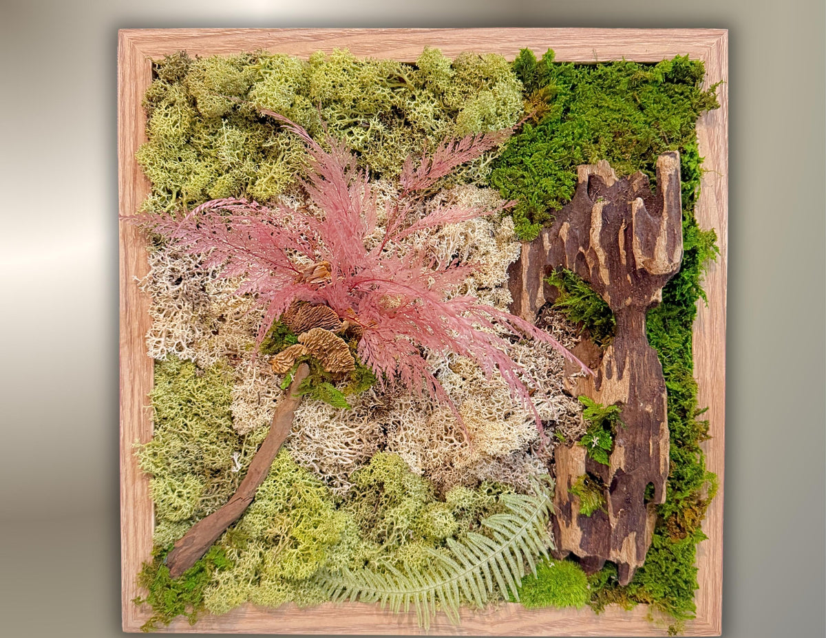 Tableau végétal mural carré 33 cm – Mousse stabilisée & bois naturel