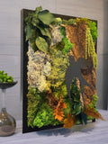 Cadre vert mural signé Naturencadre, association d’écorce, mousse et feuillages pour une ambiance zen et durable