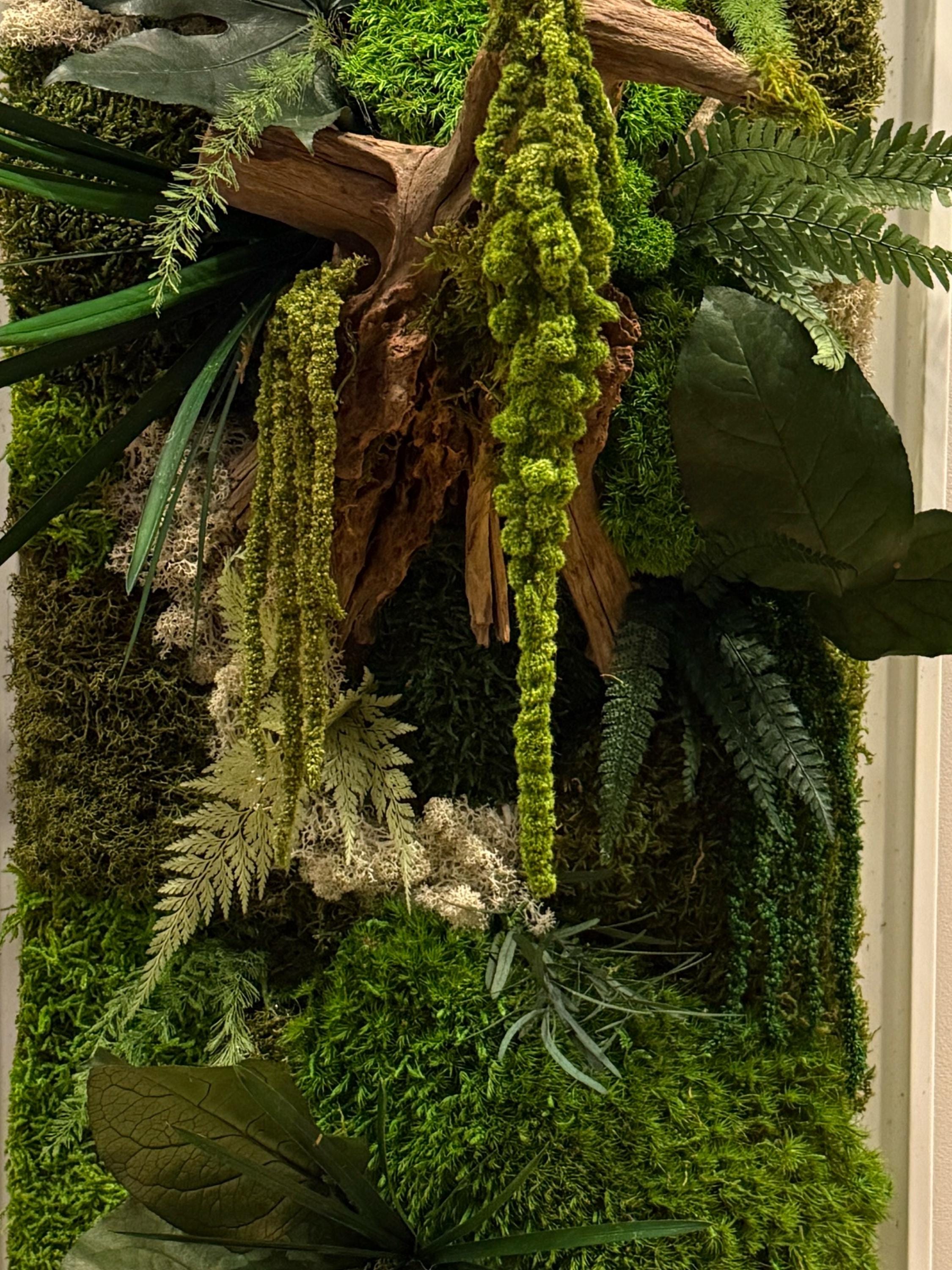 Grand Tableau Végétal Mural 98x38 cm — Mousse Stabilisée & Caisse Américaine Bois Blanc | Pièce Unique