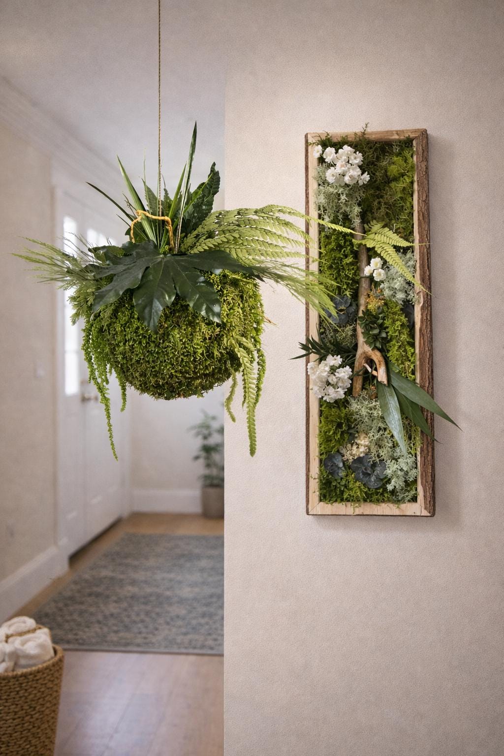Cadre Végétal Stabilisé Vertical — Mousse & Bois Flotté | Décoration Murale Nature