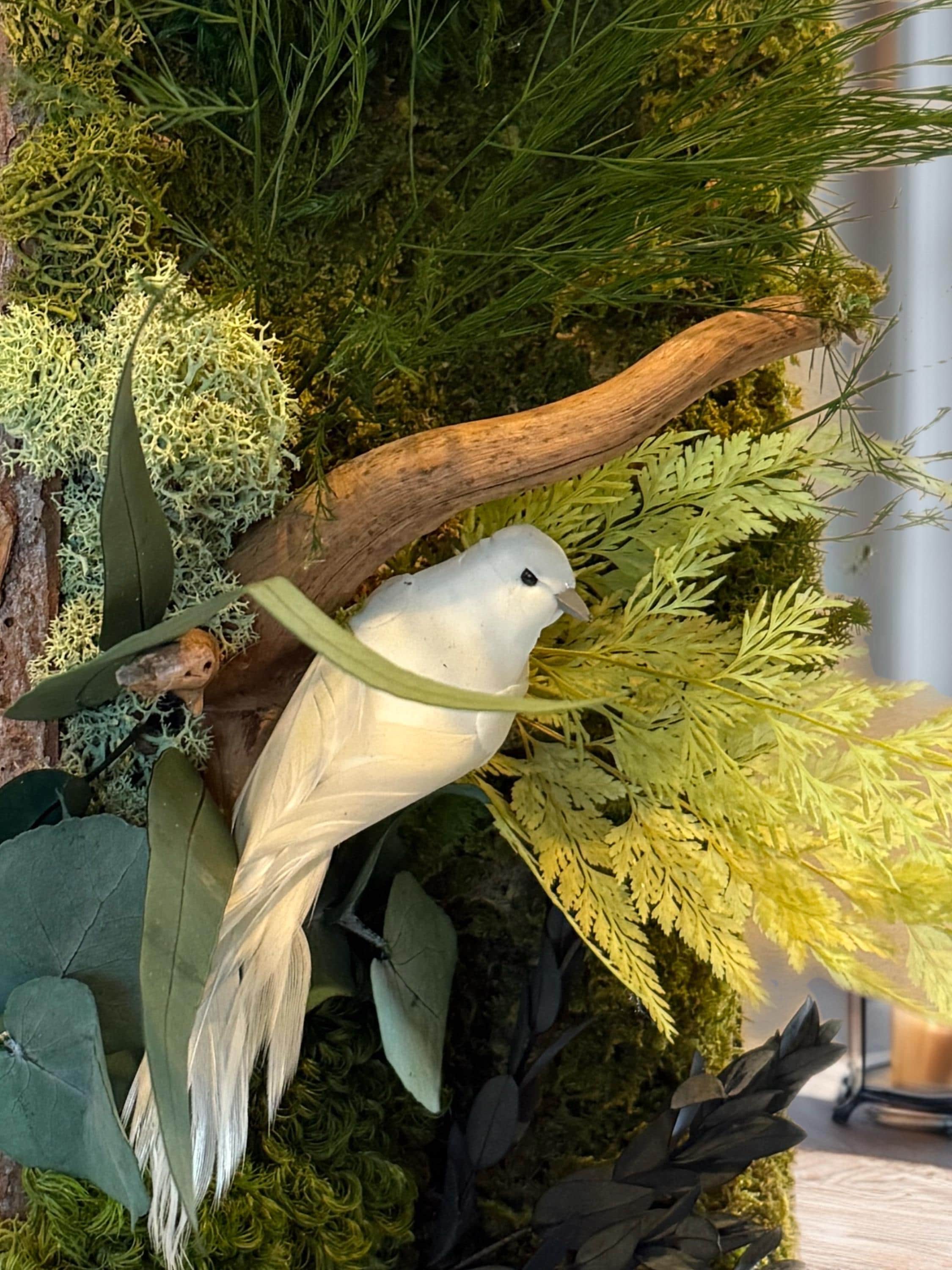 Cadre Végétal Stabilisé Vertical Écorce Naturelle — Mousse & Feuillages | Hirondelle Optionnelle