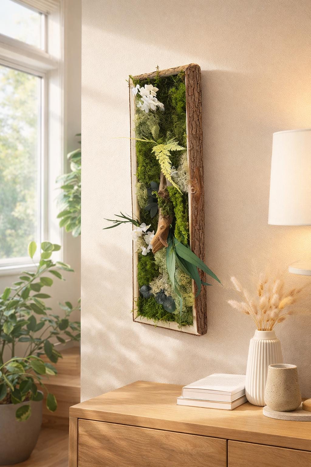Cadre Végétal Stabilisé Vertical — Mousse & Bois Flotté | Décoration Murale Nature