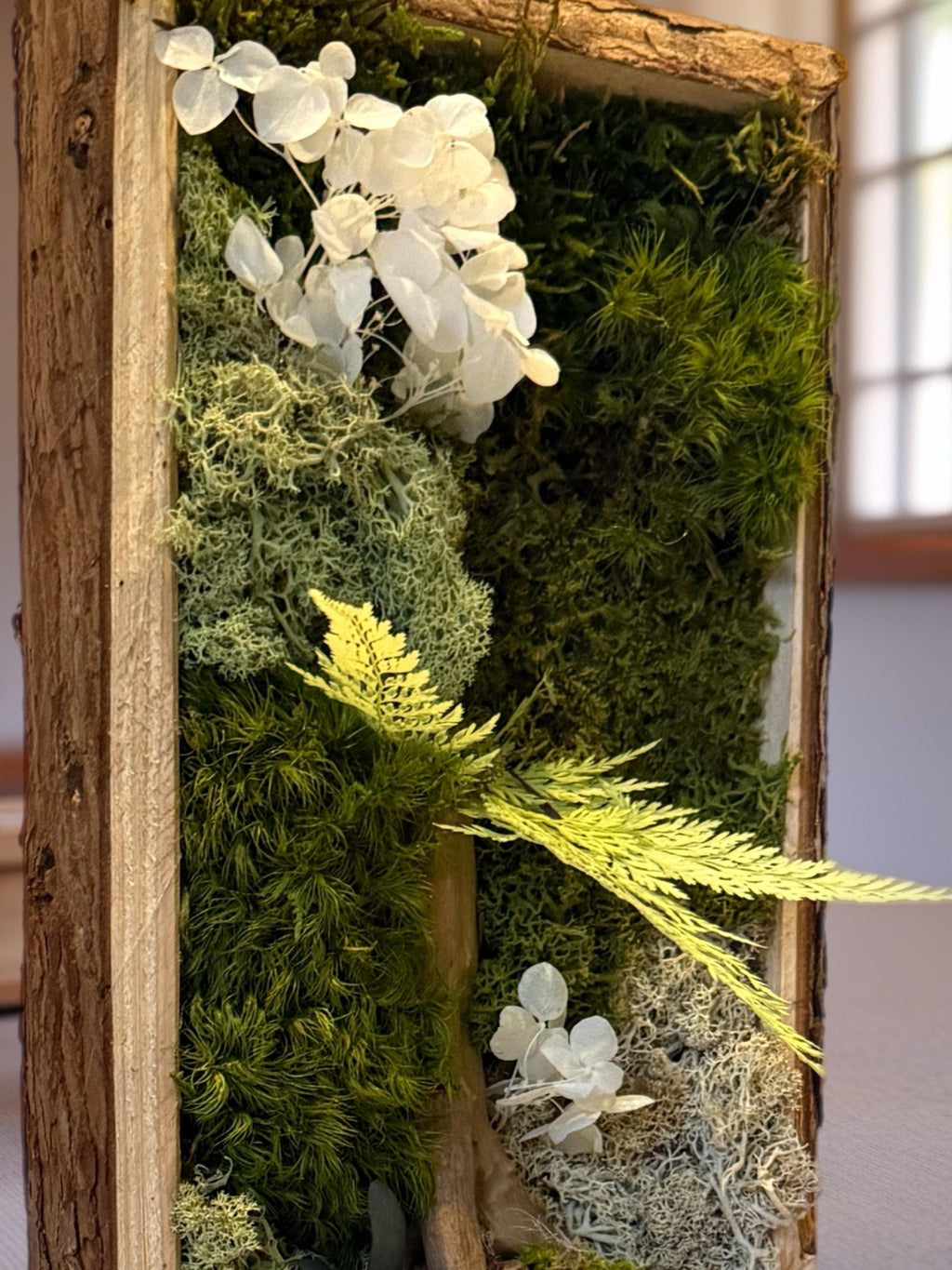 Cadre Végétal Stabilisé Vertical — Mousse & Bois Flotté | Décoration Murale Nature
