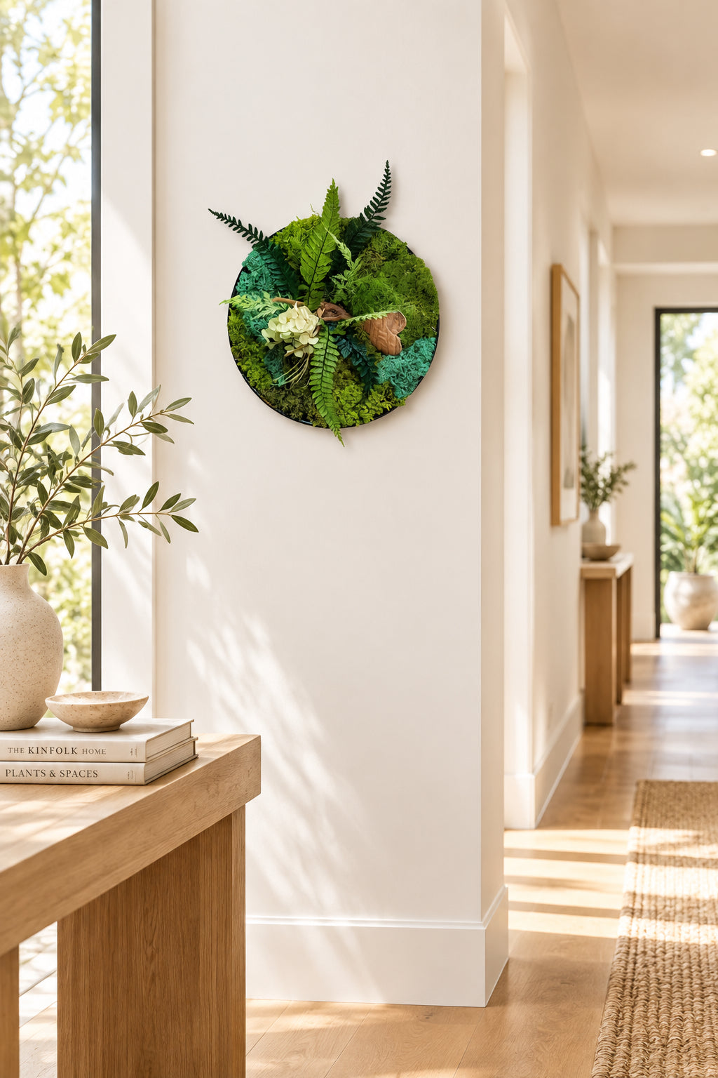 Cadre végétal rond décoration murale nature avec mousses stabilisées et feuillages décoratifs