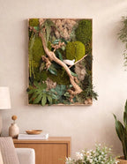 Cadre végétal stabilisé lumineux- mur végétal zen avec bois flotté, mousse naturelle et feuillages