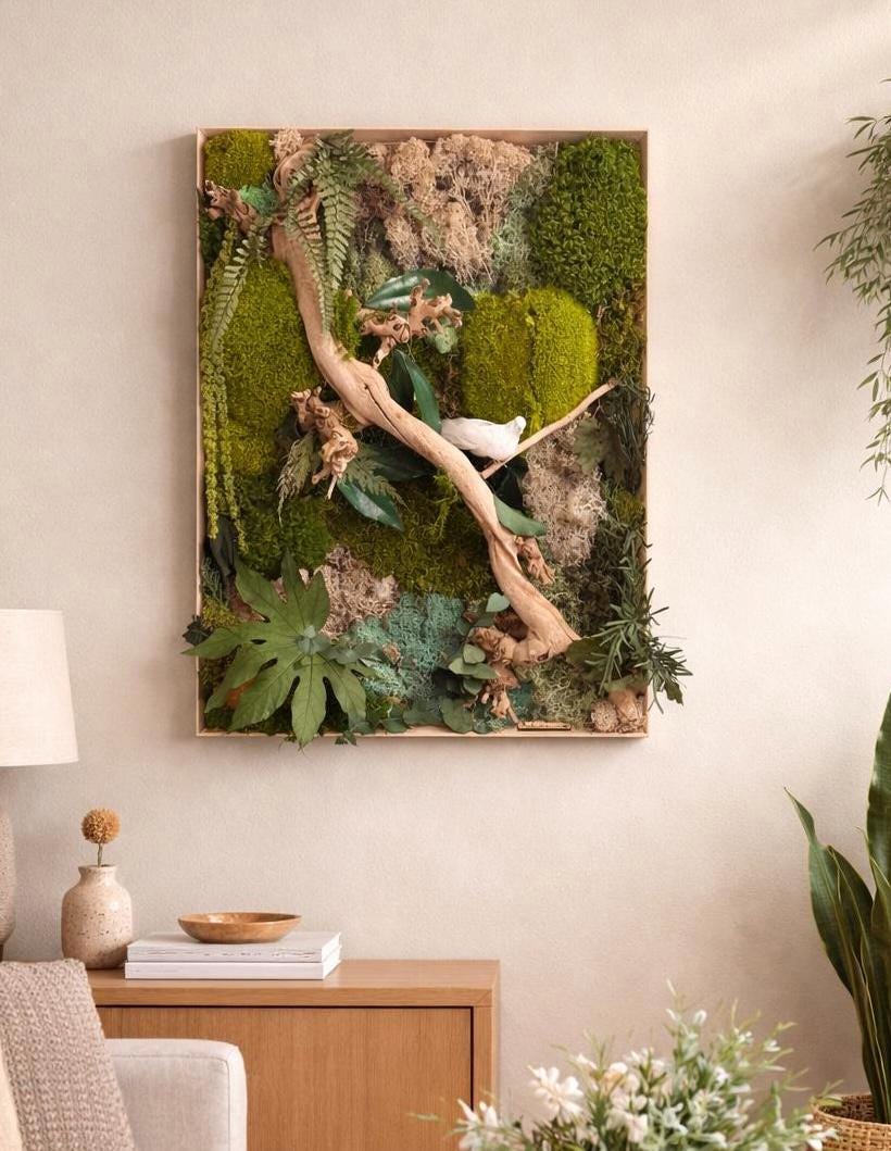Cadre végétal stabilisé lumineux- mur végétal zen avec bois flotté, mousse naturelle et feuillages