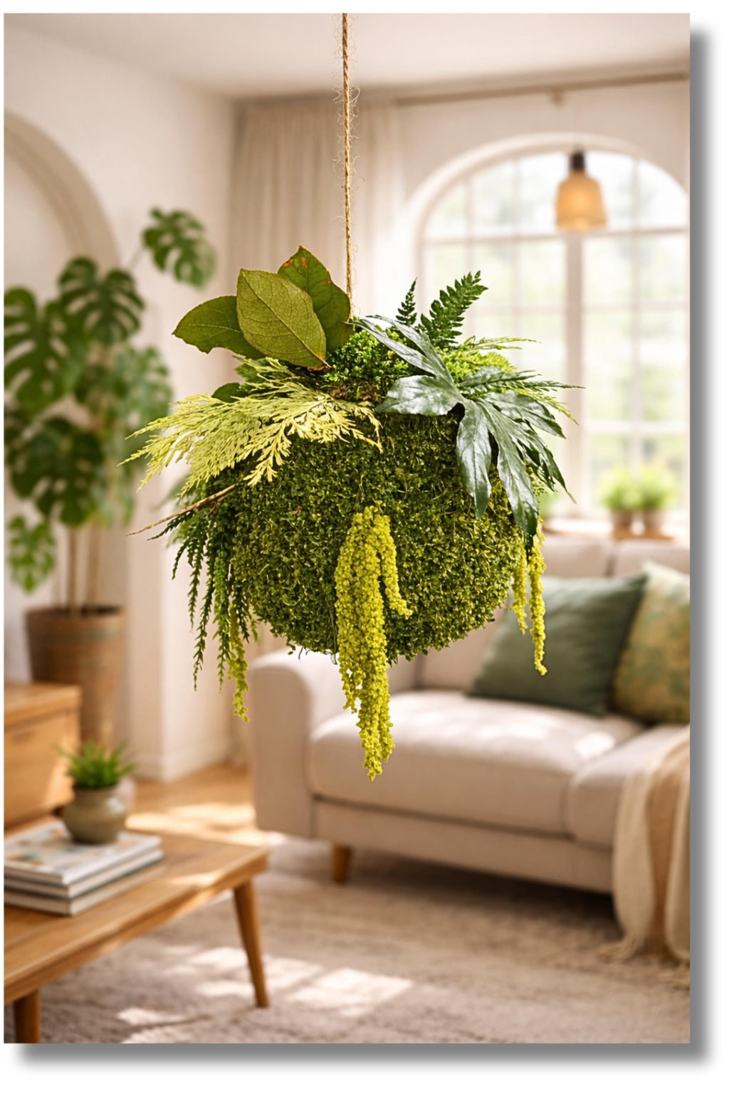 Décoration murale végétale suspendue type kokedama, mousse stabilisée 20 cm hors feuillages, largeur totale environ 35 cm avec végétaux, fil d’accroche long supérieur à 1 m, fait main.