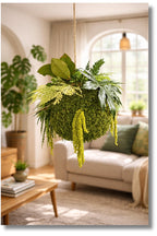 Décoration murale végétale suspendue type kokedama, mousse stabilisée 20 cm hors feuillages, largeur totale environ 35 cm avec végétaux, fil d’accroche long supérieur à 1 m, fait main.