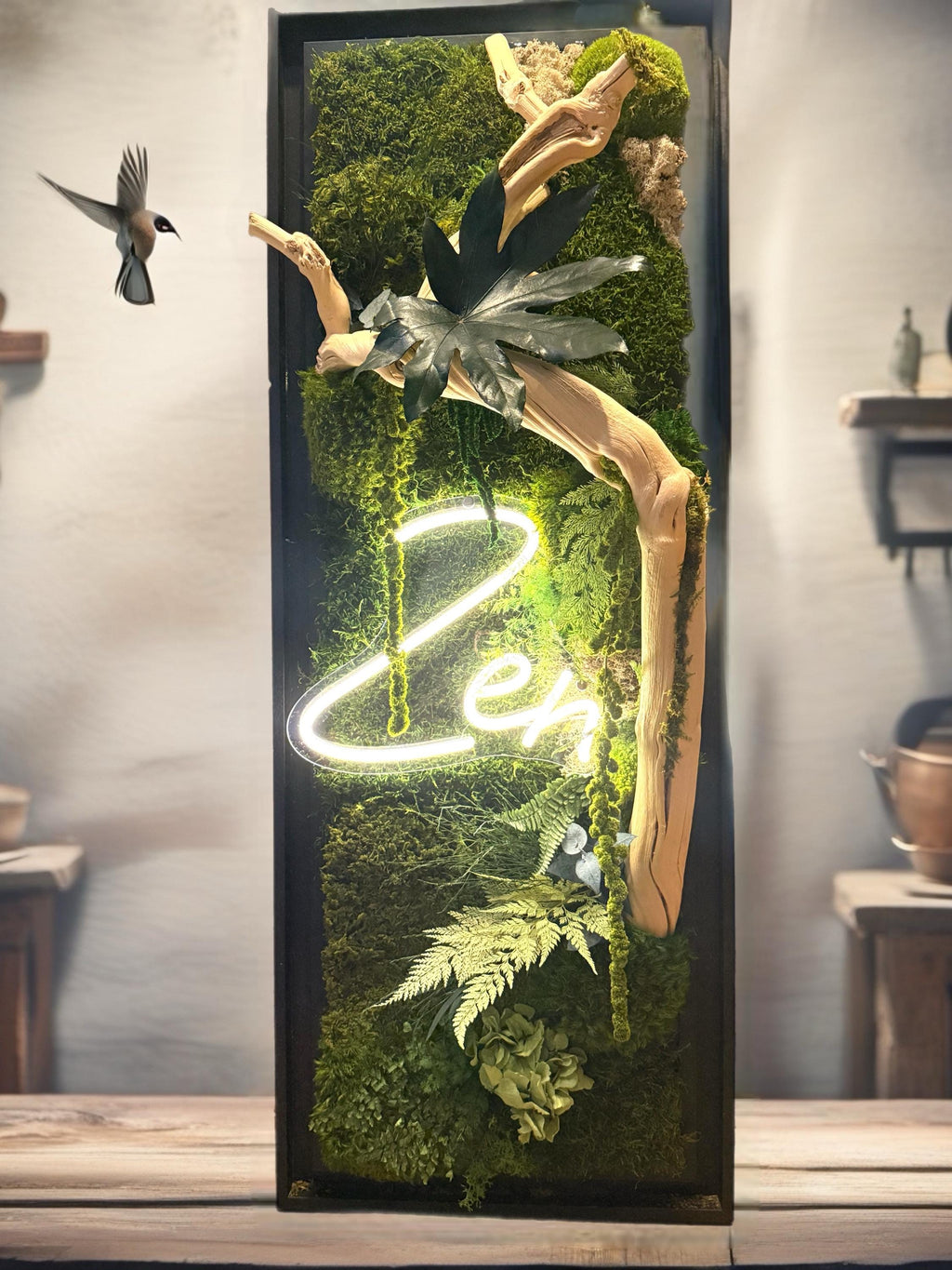 Cadre Végétal Lumineux Zen – Mousse Stabilisée & Bois Flotté | Caisse Américaine