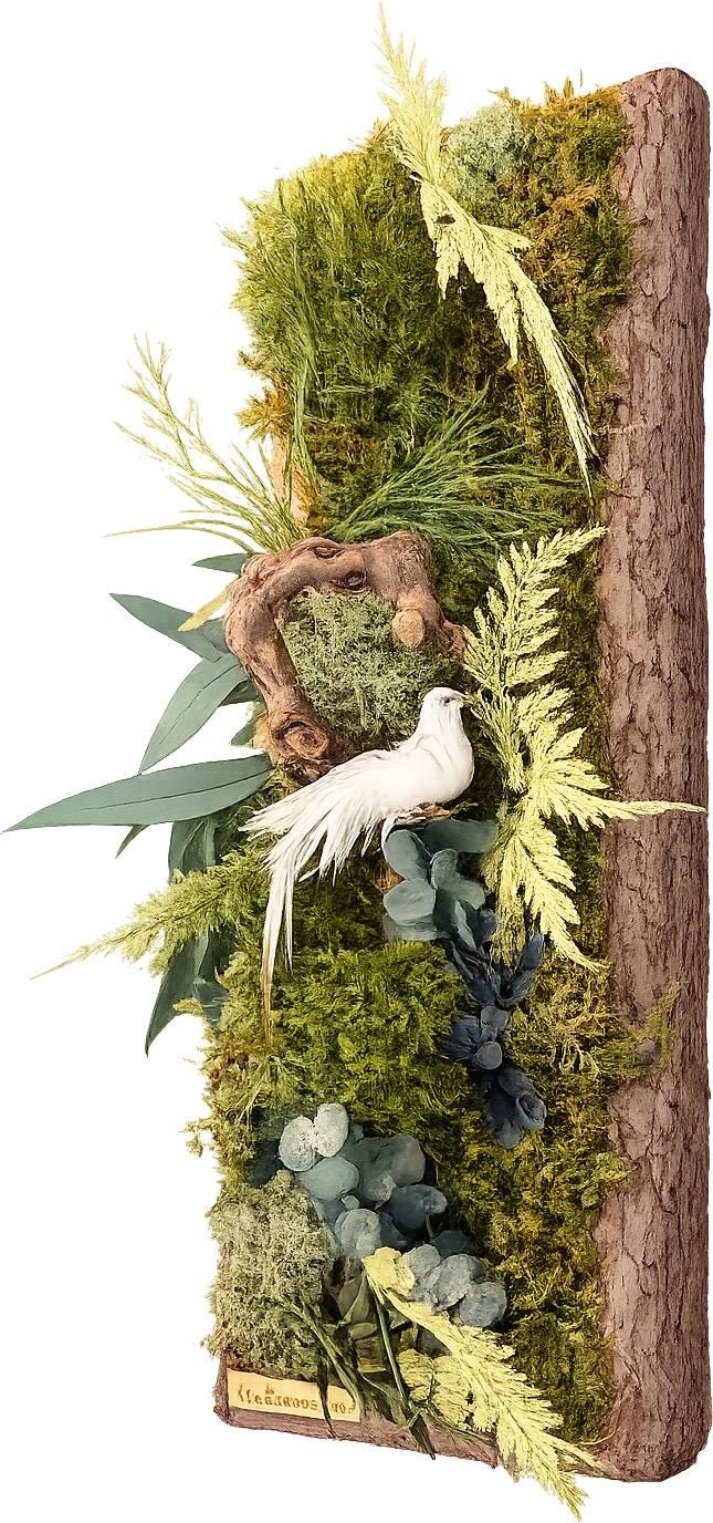 Cadre Végétal Stabilisé Vertical Écorce Naturelle — Mousse & Feuillages | Hirondelle Optionnelle