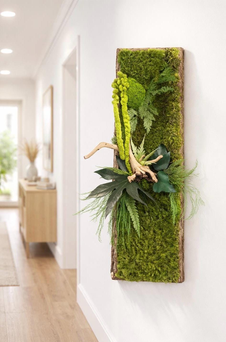 Cadre Végétal Stabilisé Vertical | Bois Flotté & Écorce Naturelle | 48 x 17 cm