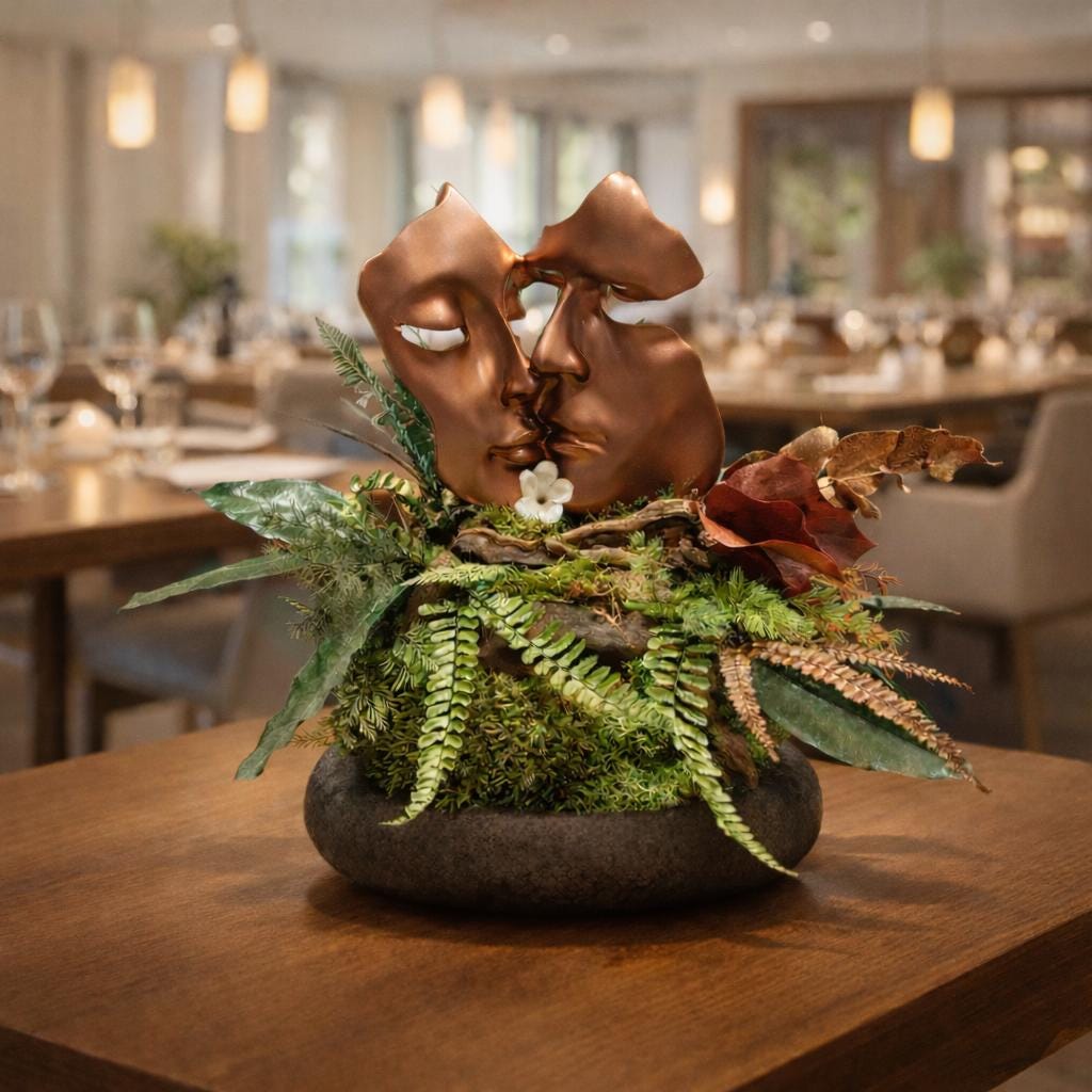 Sculpture Couple Romantique & Mousse Préservée — Cadeau Unique Rose Gold