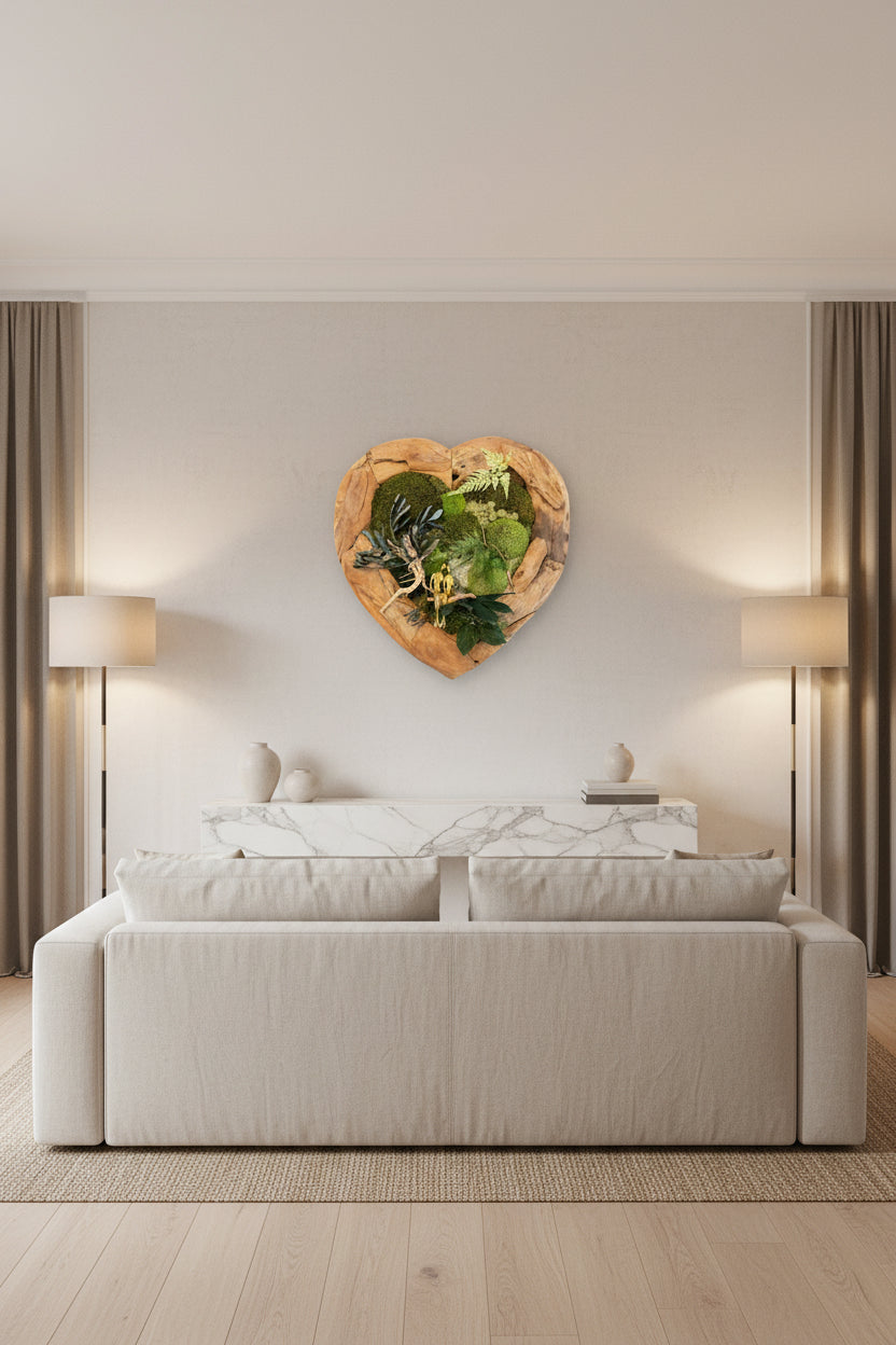 Cœur Végétal en Teck Massif et Mousse Stabilisée | Déco Murale Luxe Pièce Unique
