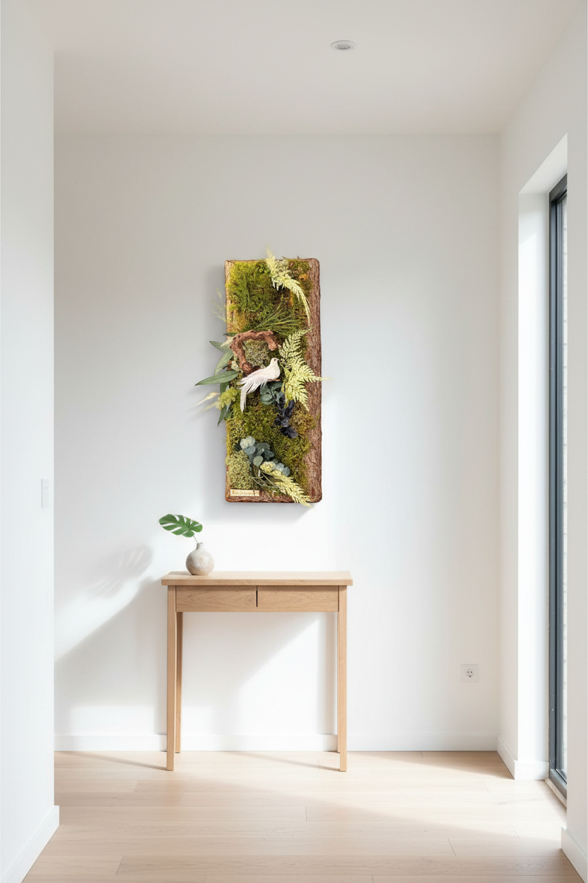 Cadre végétal en écorce avec végétaux et mousses stabilisée- décoration murale sans entretien