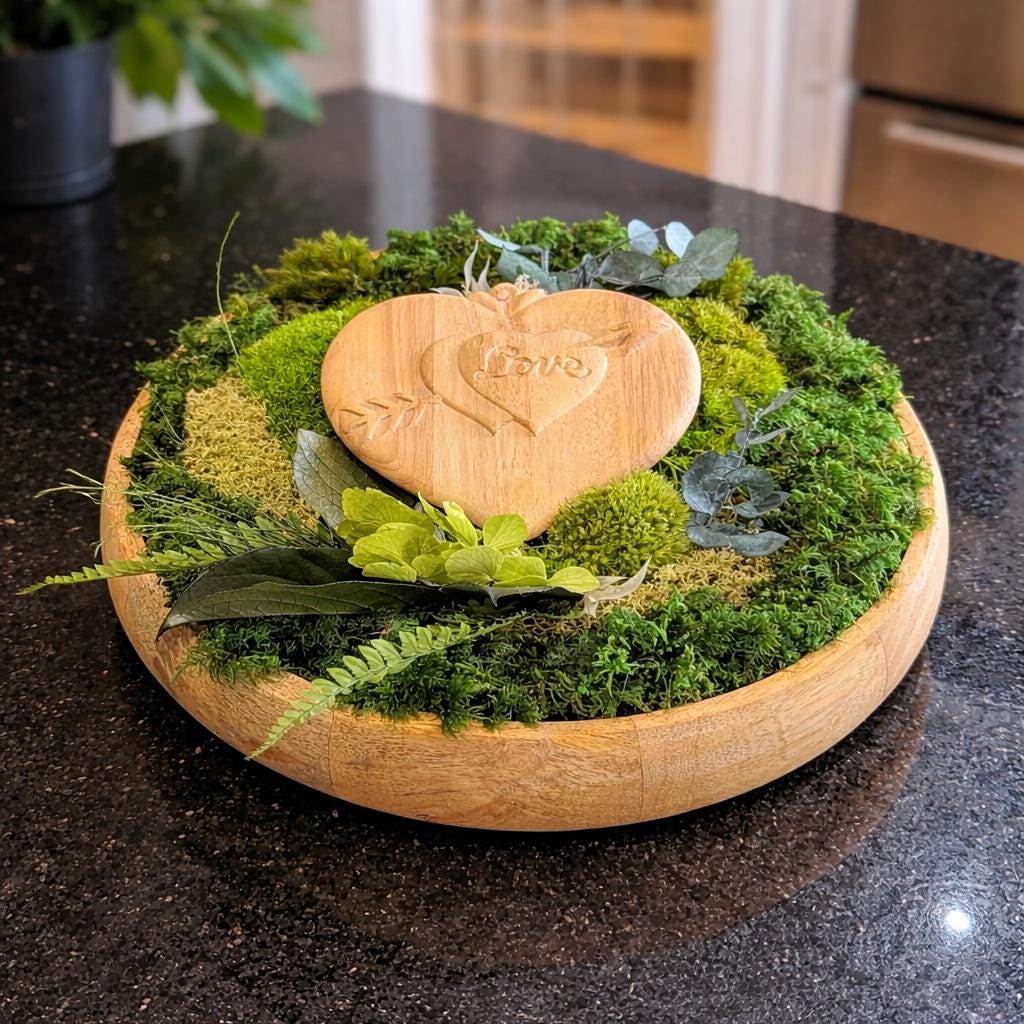 Décoration naturelle ronde en bois de manguier avec mousse stabilisée, eucalyptus et cœur en bois gravé love