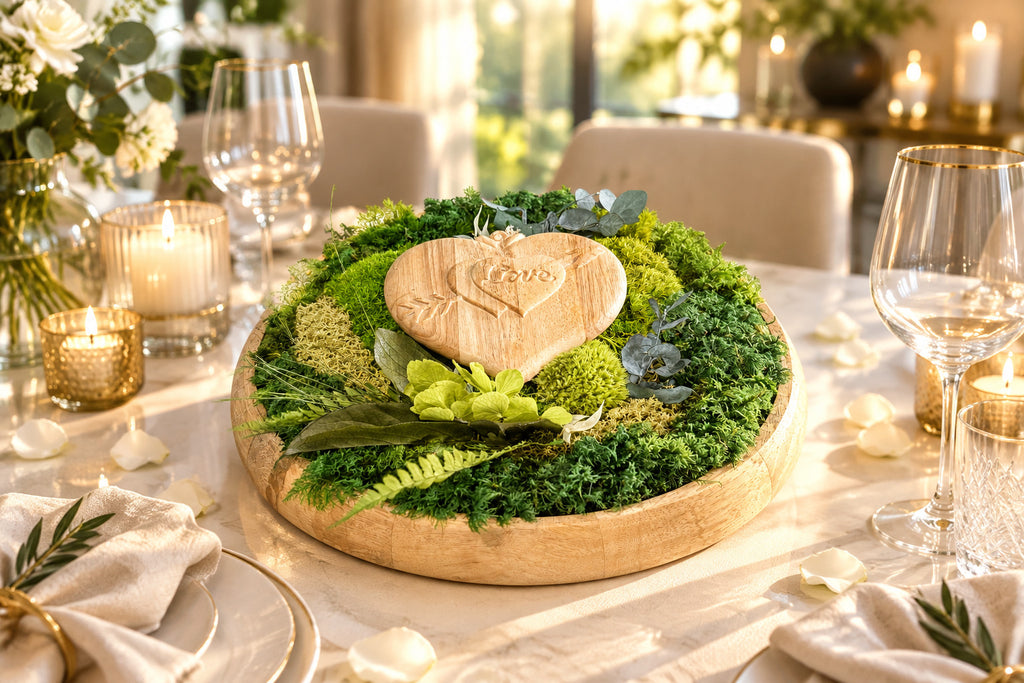 Composition végétale stabilisée dans un plateau en bois de manguier avec cœur décoratif gravé love