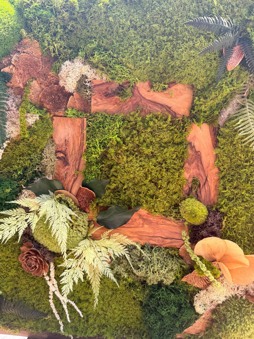 Cadre Végétal Stabilisé Forêt Enchantée 58 cm — Mousse, Lichen & Bois Brut | Déco Wabi-Sabi