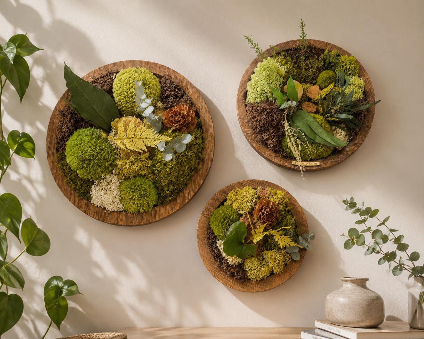 Triptique cadres végétaux stabilisés rond  Bois naturel | Décoration murale artisanale unique