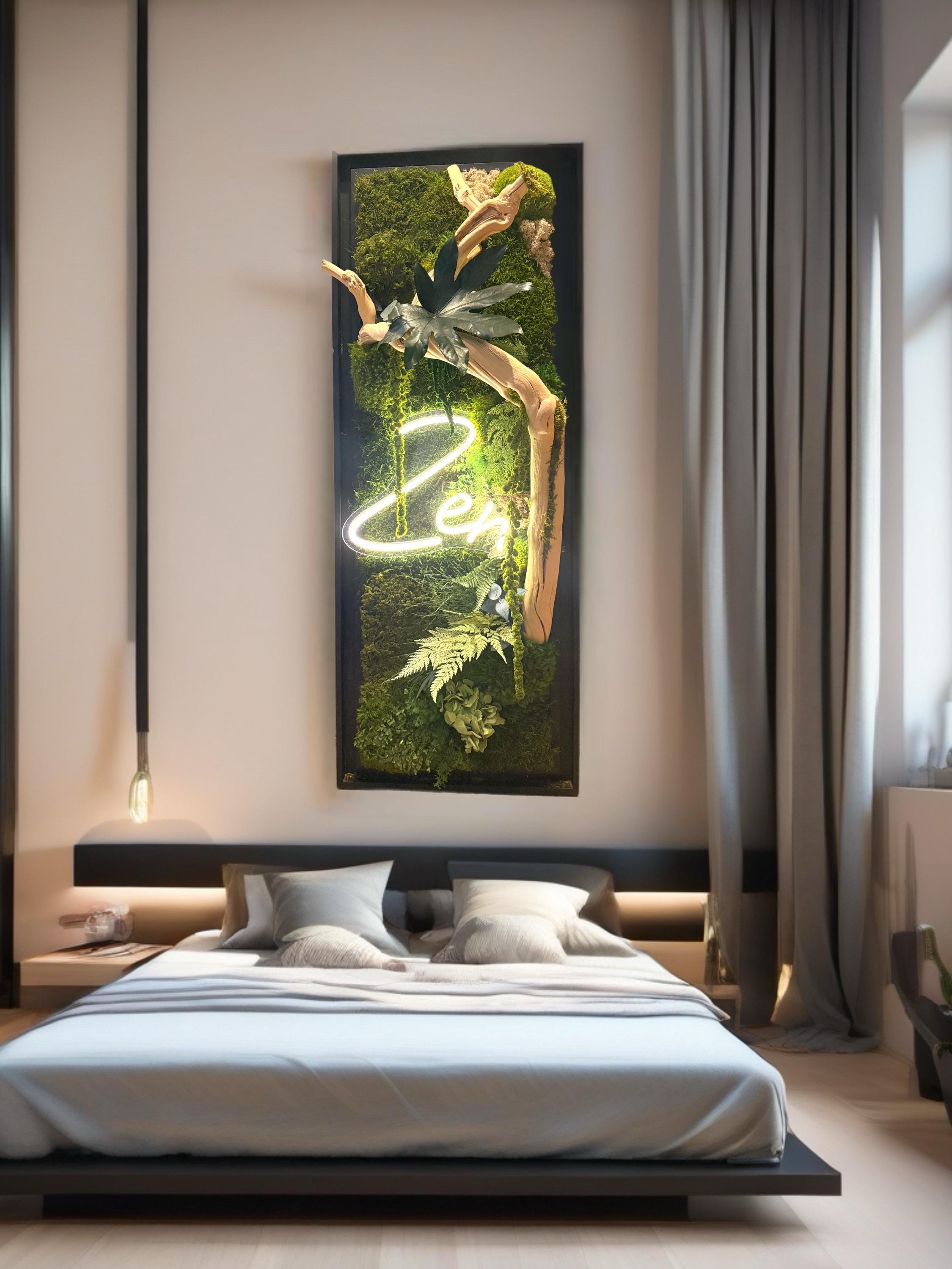 Cadre végétal mural lumineux Zen au-dessus d'un lit, mousse stabilisée et néon LED, caisse américaine noire